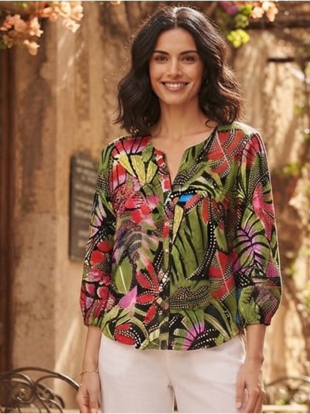 TRIBAL Tropical Print 3/4 Sleeve Button-Front Blouse Size Medium